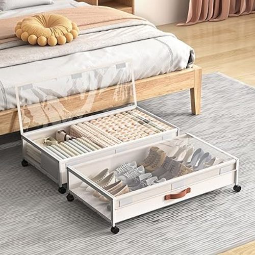 Under Bed Storage Containers with Wheels 54L Large Underbed Shoes Blankets Clothes Toy Storage Drawers for College Dorms Bedrooms Nursery Rooms Organization… (White 2 Pack, XL(30.5"x16.6"x7.28"))