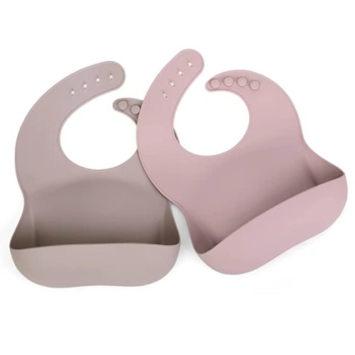 Ginbear Silicone Bibs for Babies, Waterproof Baby Feeding Bibs with Food Catcher Pocket, Adjustable Silicon Bibs for Toddlers (Argil/Pale Mauve) - Argil + Pale Mauve