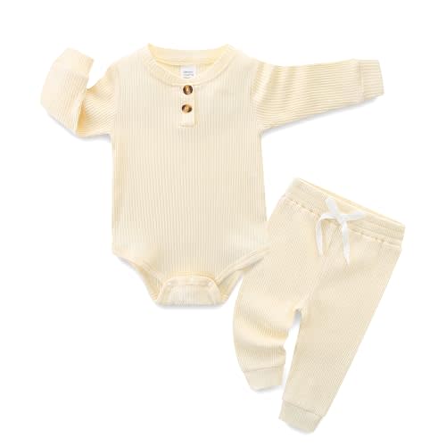 Hikido Newborn Baby Boy Girl Clothes Infant Ribbed Romper Cotton Long Sleeve Pant Sets for 0~18M Infant