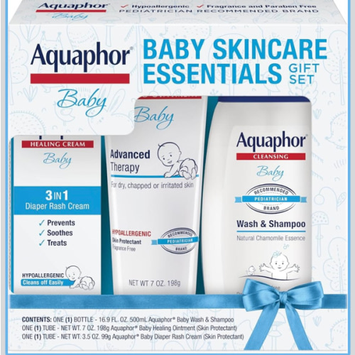 Aquaphor Baby Skin Care Essentials Gift Set with Baby Wash and Shampoo (16.9 Fl Oz) + Healing Ointment for Chapped Skin and Drool Rash (7Oz) + Diaper Rash Cream (3.5Oz), Hypoallergenic