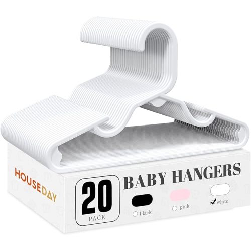 HOUSE DAY Plastic Baby Hangers for Closet 20 Pack, Durable Plastic Kids Hangers for Baby Clothes, Thin & Compact Childrens Hangers, Space Saving White Baby Hanger, Small Hanger for Kids Clothes