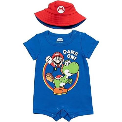 Super Mario Nintendo Mario Yoshi Baby Romper and Bucket Sun Hat Newborn to Infant