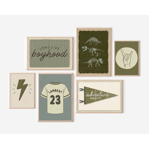 Boys Gallery Wall Art Set 6 Dinosaur Poster Adventure Awaits Pennant Flag Long Live Boyhood Retro 3D Lightning Bolt Custom Jersey Boho Boy