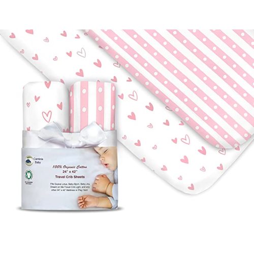 100% Organic Cotton Fitted Travel Crib/Playard Sheets for Guava Lotus, BabyBjorn, Dream on Me, Baby Joy, Chicco, Pamo Babe and All Other 24" x 42" Pads/mattresses. 4 Safety Strap Holes. 2 Pk, Girl. - Hearts and Stripes