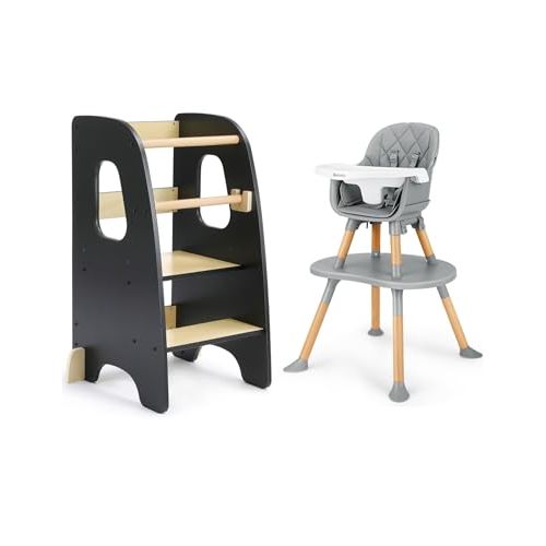 Ezebaby Toddler Tower & Baby High Chair, Adjustable Standing Learning Stool + Convertible Dining Chair for Kids – Black & Gray Set