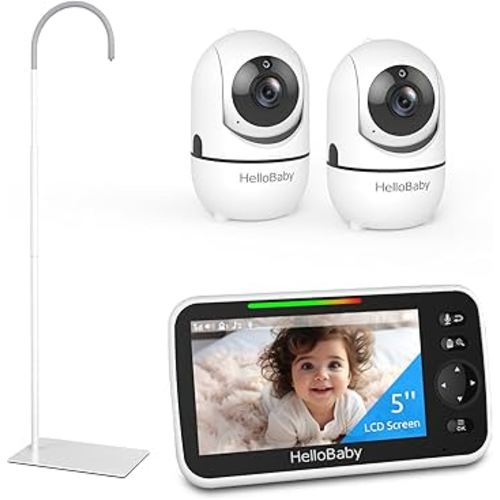 HelloBaby Baby Monitor with 2 Cameras and Floor Stand, Pan-Tilt-Zoom, 1000ft Range Video Audio Monitor with No WiFi, VOX, Night Vision, 2-Way Talk, 8 Lullabies, and Temperature Display