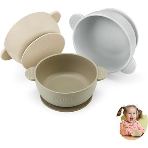 PandaEar 3 Pack Baby Bowls with Suction| Stay Put Silicone Food Bowl for Babies Kids Toddlers Infants| Food Grade Soft Safe BPA-Free Silicone (Brown Grey Tan)