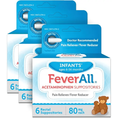 Feverall Infant Acetaminophen Suppositories 6 Rectal Suppositories 80mg Each Pain Reliever/Fever Reducer. Paraben Free, No Artificial Colors or Other preservatives. Ages 6-36 Months. Value 3 Pack.