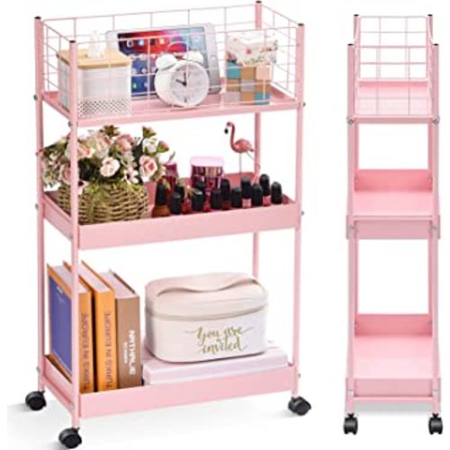 KINGRACK Slim Storage Rolling Cart,3-Tier Metal Utility Cart, Slide Out, Makeup Lash Cart Pink for Bathroom Laundry Room Bedroom