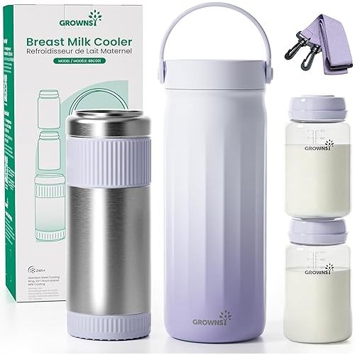 Grownsy 22oz Portable Breast Milk Cooler, 360° Stainless Steel Chiller Keeps Breastmilk Fresh for 24H, No Ice Crystals,Milk Cooler with 2 Baby Bottles for Work & Travel, Baby Breastfeeding Essential