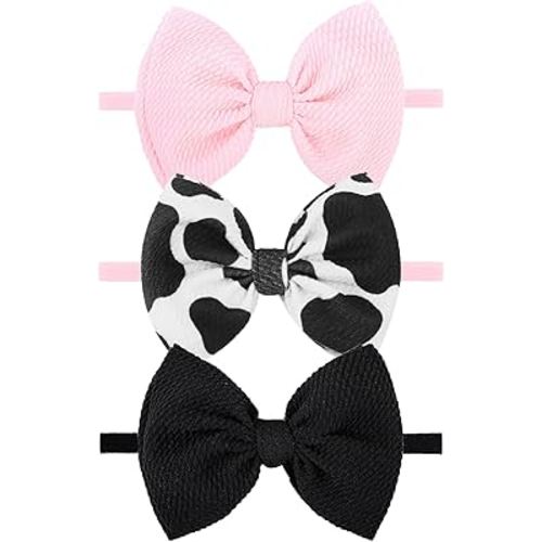 YanJie Moo Cow Print 4.5’’ Hair Bows for Girls Cowgirl Accessories Newborn Infant Toddler Baby Girl Headbands Black & Pink Bow Baby Wrap