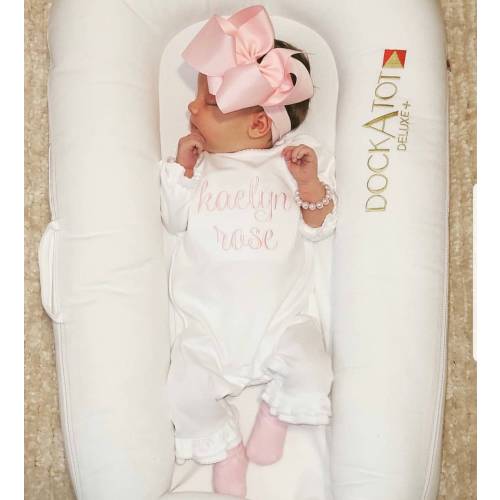 Baby girl coming home outfit, monogrammed ruffle romper, pima cotton, sk creations, Preemie, Newborn