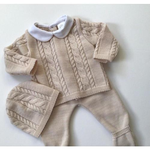 Spanish baby boys cable knitted outfit, personalised outfit, 0-3 months winter baby gift, coming home outfit