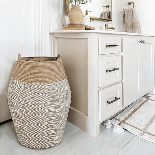 Goodpick Laundry Hamper | Woven Cotton Rope Dirty Clothes Hamper Tall kids Curve Laundry Basket Large, 25.6 x 17.71 Inch