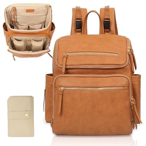 Omanmoli Diaper Bag Backpack Large Baby Diaper Bag Leather with 17 Diaper Bag Organizing Pouches,Changing Pad,Stroller Straps,4 Insulated Pockets,Brown