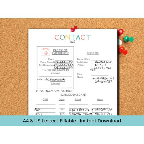 EDITABLE Emergency Contact List for Babysitter Just in Case | Nanny Binder Essentials | A4 & US Letter | PDF Instant Download