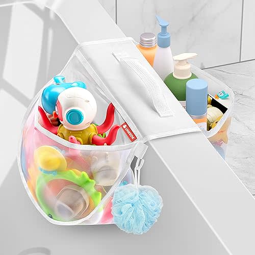 UNEEDE Bathtub Toy Organizer with Grip, Dual Compartments & Inner Pockets for Kids Bath Essentials, Fits 6-Inch Tub Edges, Machine-Washable Nylon Mesh, No Suction Cups Needed