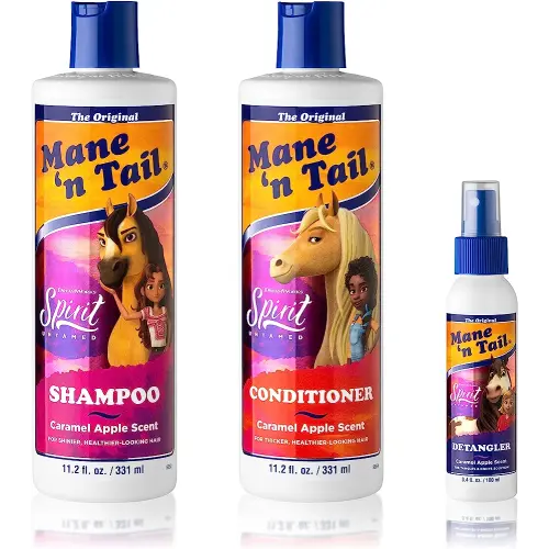 Mane 'n Tail Spirit Untamed Shampoo + Conditioner 11.02 Oz + Detangler 3.4Oz For Kids Caramel Apple Scent Gentle, Mild For Everyday Use Coconut Oil Softness
