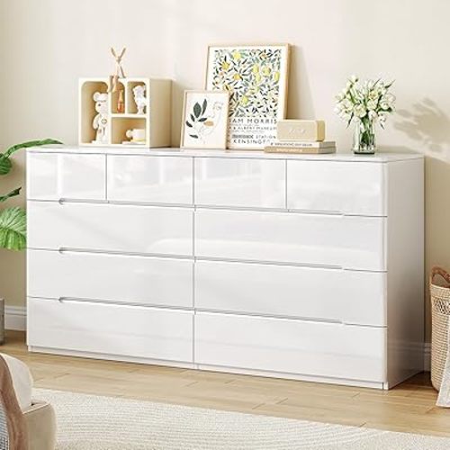 ZORPLIX 10 Drawer White Dresser for Bedroom, 55" Long Dresser Chest of Drawers, Large High Gloss Modern Storage Cabinet with Big Drawers Handle Free, Living Room, Entryway, Hallway
