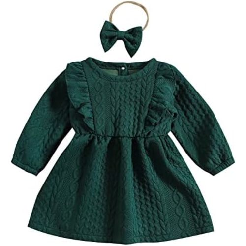 Baby Girl Knit Dress Long Sleeves Sweater Dress Toddler Fall Winter Outfits with Bowtie
