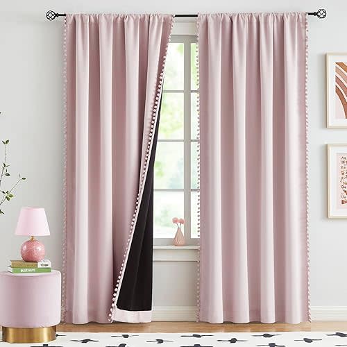 Pink Blackout-Curtains for Bedroom Pom Pom Thermal Insulated 100% Full Blackout Curtain Panels for Girls Baby Nursery Room 90 inch Energy Efficient Window Drapes for Kids 52" w x2 Panels Rod Pocket