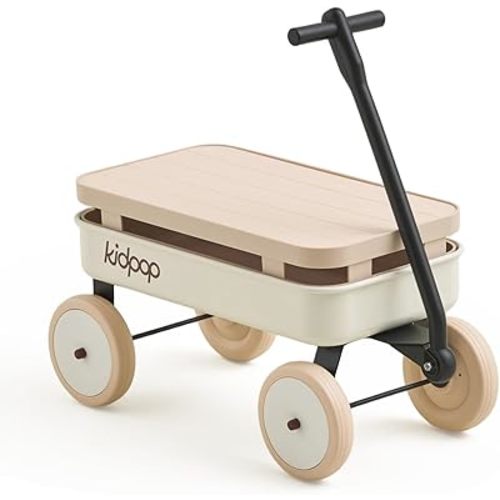 Kidpop Kids First Pull-Along Wagon with Removable Cover and Basket for Storage, 4-in-1 Push Pull Toy Cart for Toddlers, Lightweight (5.5 lbs), 1st Birthday Gift (White)