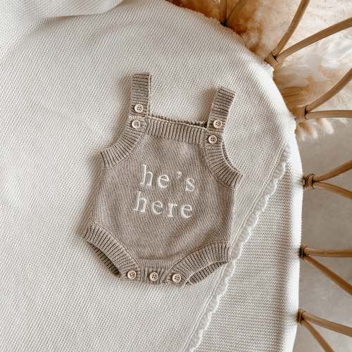 'He's Here' Singlet Mini Knit Romper - Fawn
