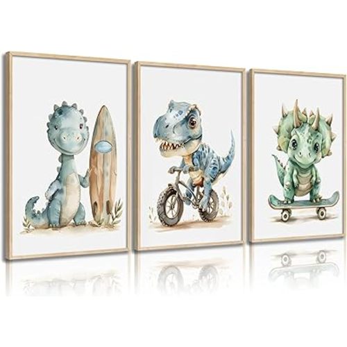 Funny Dinosaur Nursery Canvas Wall Art Surfing Skateboard Riding Dinosaur Painting Picture Wall Decor Sport Nursery dinosaur Print Artwork Poster Print Artwork for Boys Room Girls Room Home Decoration