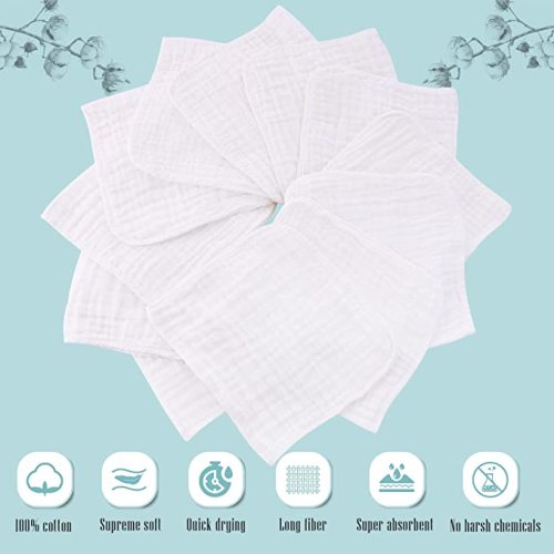 Cute Castle 12 Pack Muslin Burp Cloths - White - 20x10 Inch (Pack of 12)