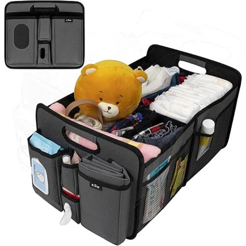 Baby Diaper Caddy Organizer – Baby Caddy with Diaper Changing Mat, Car Diaper Caddy with 3 Compartments, 8 Mesh Pockets & Zipper Pocket – Portable Changing table Organizer for Diapers, Grey