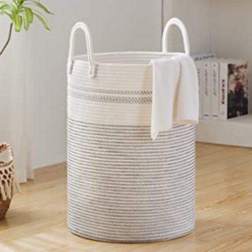 58L Woven Rope Laundry Hamper by Fiona's magic, Tall Boho Laundry Basket Storage, Large Baby Nursery Hamper for Blankets, Toys and Clothes Hamper for Bedroom and Living Room Organizing, Jute, White