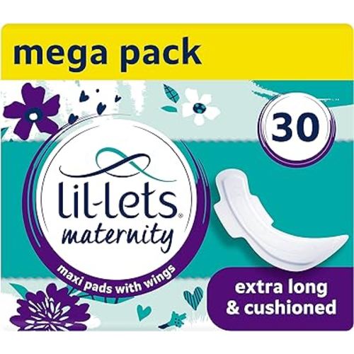Lil-Lets Extra Long Postpartum Maxi Pads with Wings – 30 Pack Bundle for Post-Natal Bleeding & Heavy Flow – Postpartum Essentials - Extra Absorbent, Soft & Cushioned Maternity Towels, Fragrance-Free