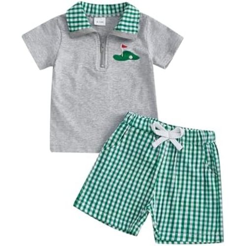Gueuusu Toddler Baby Boy Golf Outfit Hole in One/Golf Cart Embroidery Quarter Zip Collared Shirt Plaid Shorts Set Clothes