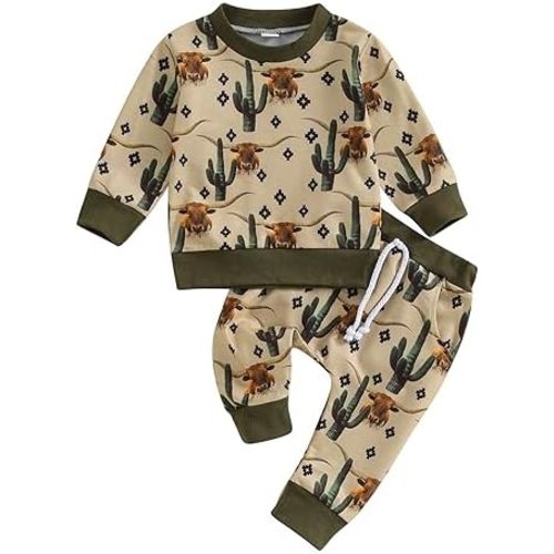 SAYOO Western Baby Boy Clothes Cow Print Sweatshirt Pullover Top Jogger Pants 2Pcs Toddler Boy Cowboy Fall Winter Outfits