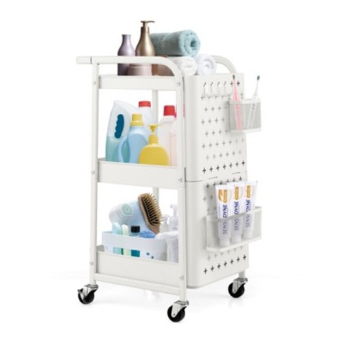 Costway 3-Tier Rolling Cart Storage Trolley Organizer w/ DIY Dual Pegboards, Mobile Metal Utility Cart on Wheels Serving Cart for Kitchen Office White