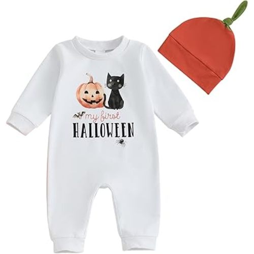 Ledy Champswiin 2Pcs Neutral Outfits Newborn Baby Boy Girl Pumpkin Romper Jumpsuit My 1st Halloween Clothes with Hat