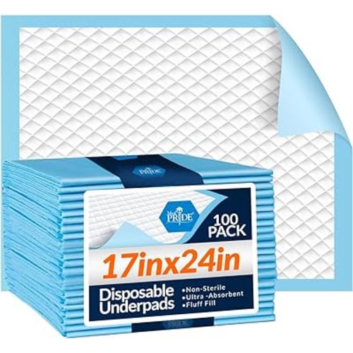 Medpride Disposable Underpads 17'' x 24'' (100-Count) Incontinence Pads, Bed Covers, Puppy Training | Thick, Super Absorbent Protection for Kids, Adults, Elderly | Liquid, Urine, Accidents