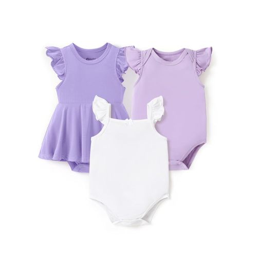 PATPAT Baby Girl Bodysuits - Soft Bamboo Viscose - Flutter Sleeves Cute Dress - Newborn Infant Summer Clothes - 3 Pack
