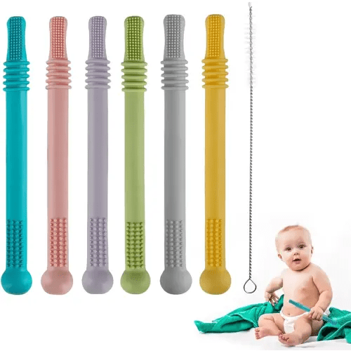 Fu Store Hollow Teether Tube Chew Straw Sensory Toy for Infant Toddlers Silicone Tubes Teething Toys for Babies 3-12 Months 0-36 Months Gifts Learning Developmental Toys BPA Free Freezable 6 Pack