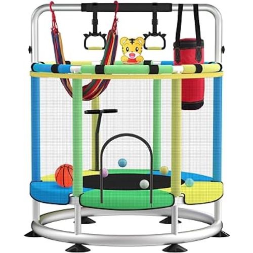 Trampoline for Kids, Adjustable Baby Toddler Trampoline with Basketball Hoop, Round Bottom Indoor Outdoor Toddler with Enclosure