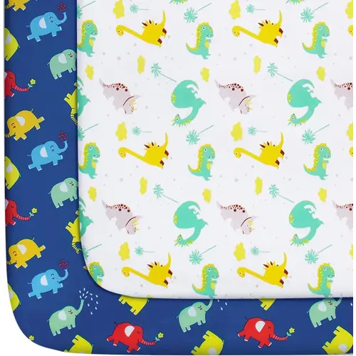 Pack and Play Sheets Boys, 2 Pack Mini Crib Sheets, Stretchy Playard Fitted Sheet, Compatible with Graco Pack n Play, Soft and Breathable Material, Dinosaur & Elephant
