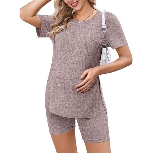 Ekouaer Maternity Sets 2 Piece Outfits Ribbed Knit Short Sleeve Shirts and Biker Shorts Pregnancy Loungewear Mama Clothes