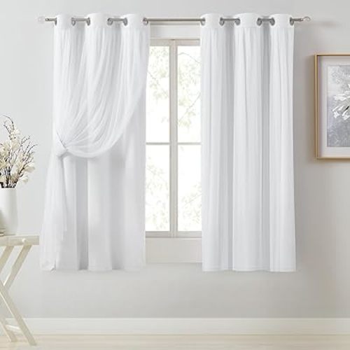 Bujasso White Full Blackout Curtain Panels with Sheer Overlay Mix and Match Double Layer Thermal Insulated Window Treatment Set for Living Room White Drapes with Tiebacks Grommet Top 37" Wx63 Lx2