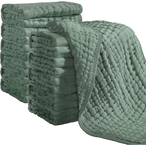 Looxii Muslin Burp Cloths 100% Cotton Large 20''x10'' Extra Soft and Absorbent 12 Pack Baby Burping Cloth for Boys Girls (Dark Green)
