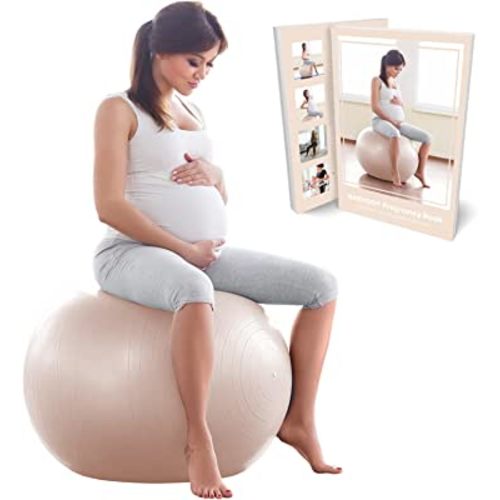 BABYGO Birthing Ball - Pregnancy Yoga Stability Anti Burst & Book Set ; Trimester Targeting Exercise, Maternity, Physio, Labor Birth & Recovery Plan Included ; Eco Friendly Material 65cm 75cm + Pump