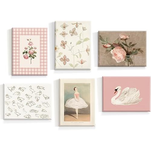 Nursery Pink Wall Art Decor Baby Girl Canvas Wall Art Vintage Floral Prints Kids Room Wall Decor Preppy Flower Poster Antique Pink Pictures Swans Painting for Girls Room Bedroom 8x10x6 Inch Wrapped Canvas