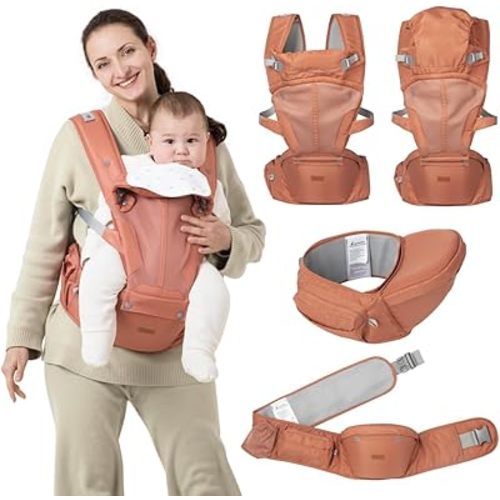 BabbleRoo 6-in-1 Baby Carrier with Hip Seat, Ergonomic, Cozy & Adjustable Toddler Carrier 7-50 lbs with Hip & Lumbar Support, Hood for Sun Protection, Baby Carrier Newborn to Toddler, Kangaroo Rose