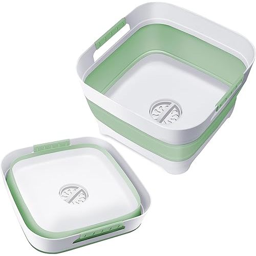2.4 Gal Collapsible Wash Basin with Drain Plug, Space-Saving Portable Wash Tub, 9L Dish Pan for Soaking Baby Bottles and Pump Parts, Versatile Dish tub for Kitchen, RV, Outdoor Camping Sink (Green)