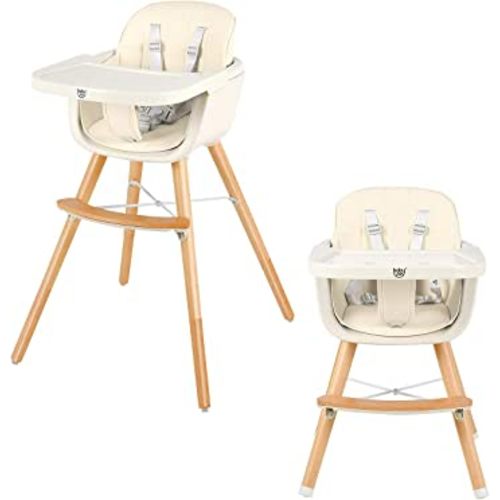 BABY JOY Convertible Baby High Chair, 3 in 1 Wooden Highchair/Booster/Chair with Removable Tray, Adjustable Legs, 5-Point Harness, PU Cushion and Footrest for Baby, Infants, Toddlers (Beige)