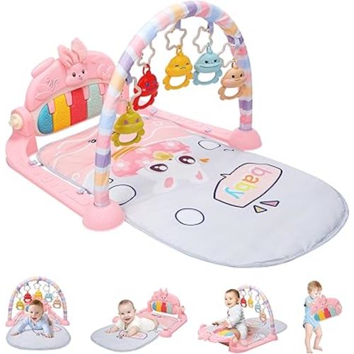 HOLYFUN Baby Play Mat Baby Gym, Play Piano Tummy Time Mat with Activity Gym, 5 Infant Learning Sensory Baby Toys, Musical Activity Center for Early Development and Entertainment, Pink